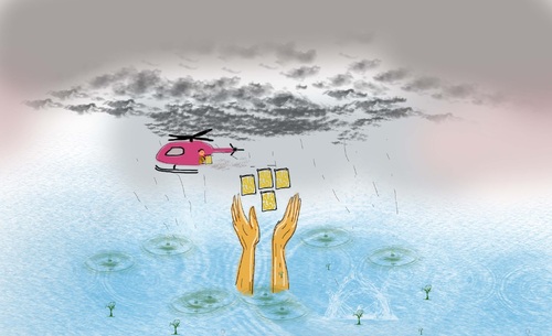 Cartoon: flood victim hands asking for he (medium) by anupama tagged flood,victims
