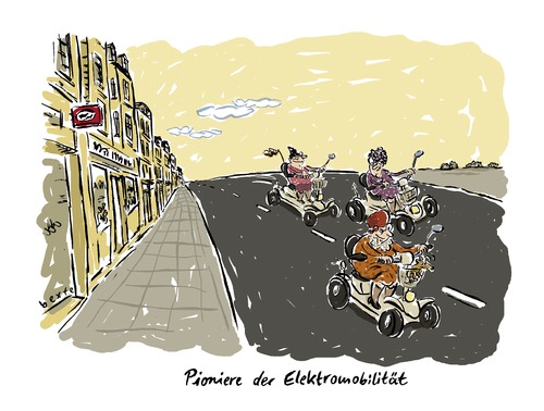 Cartoon: Elektromobilität (medium) by Bettina Bexte tagged elektromobilität,senioren,pioniere,ökologie,umweltschutz,co2frei,autoverkehr,elektromobilität,senioren,pioniere,ökologie,umweltschutz,autoverkehr,verkehr,autos,auto,straßenverkehr,mobilität,mobil,rentner,rentenempfänger,alter,oma,opa,generationen,fortbewegung