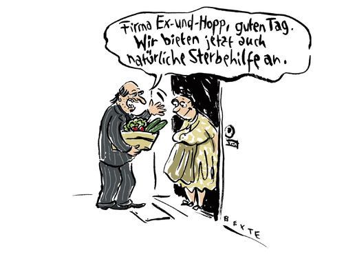 Cartoon: Natürliche Sterbehilfe (medium) by Bettina Bexte tagged ehec,gurke,virus,lebensmittel,krankheit,tod,gesundheit,sterbehilfe,exitus,gemüse,ehec,gurke,virus,lebensmittel,krankheit,gesundheit,tod,sterbehilfe,exitus,gemüse