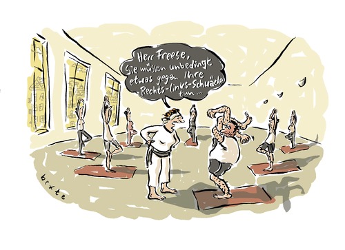 Cartoon: Rechts-Links-Schwaeche (medium) by Bettina Bexte tagged yoga,männer,rechts,links,sport,kurs,fitness,lehrerin,yoga,männer,rechts,links,sport,kurs,fitness,lehrerin,lehrer,schüler