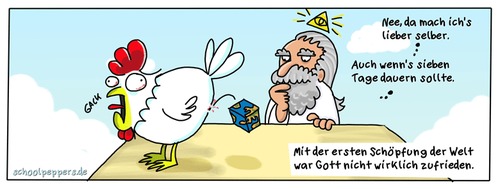 Cartoon: Schoolpeppers 215 (medium) by Schoolpeppers tagged schöpfung,erde,huhn,himmel,gott