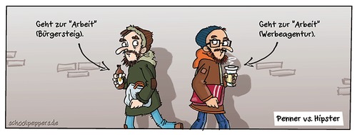 Cartoon: Schoolpeppers 310 (medium) by Schoolpeppers tagged werbung,obdachloser,hipster,agentur,arbeit