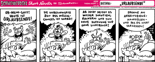 Cartoon: Schweinevogel Urlaubsende (medium) by Schweinevogel tagged schwarwel,schweinevogel,irondoof,comicfigur,comic,witz,cartoon,satire,short,novel,urlaub,ende,arbeit,müssiggang,hoffnung