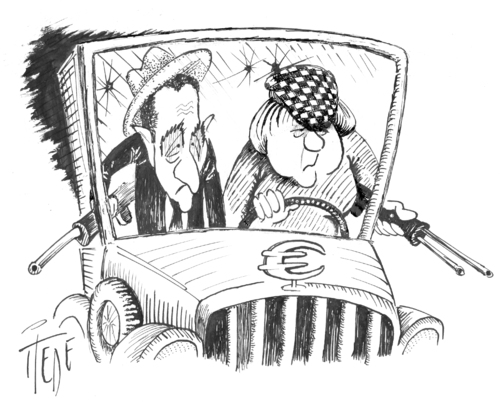 Cartoon: Bonnie and Clyde -  Eurofighter (medium) by tiede tagged merkel,sarkozy,irlandkrise,griechenland,spanien,portugal,bonnie,and,clyde,staatsanleihen,euro,rettung,euro,angela merkel,sarkozy,staatsanleihen,konflikt,bonnie and clyde,irland,portugal,spanien,irlandkrise,angela,merkel,bonnie,and,clyde