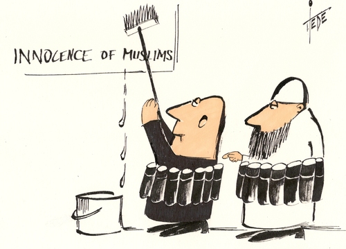 Cartoon: Innocence of muslims (medium) by tiede tagged karikatur,cartoon,tiedemann,joachim,tiede,hebdo,charlie,unschuld,muslims,innocence,islam,jones,video,film,mohammed,jones,mohammed,film,islam,innocence,muslims,tiede,joachim,tiedemann,cartoon,karikatur