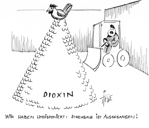 Cartoon: Dioxin-Skandal (medium) by tiede tagged lagerung,absatzrückgang,verunreinigung,futtermittel,hühnerei,dioxin,lebensmittel,skandal,kontrolle,ei,eier,futtermittel,schmiermittel,öl,altöl,diesel,huhn,verbraucherschutz,verbraucher,schutz,tierfutter,futter,tiere