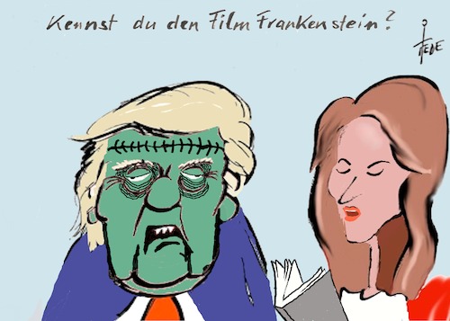 Cartoon: Frankenstein (medium) by tiede tagged frankenstein,trump,melania,frido,mann,thomas,house,pacific,palisades,los,angeles,tiede,cartoon,karikatur,frankenstein,trump,melania,frido,mann,thomas,house,pacific,palisades,los,angeles,tiede,cartoon,karikatur