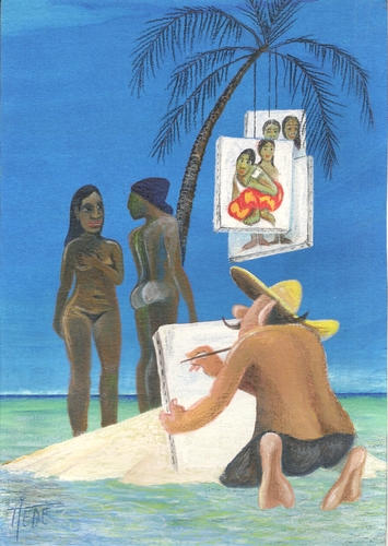 Cartoon: Gauguin - male mal was Anderes! (medium) by tiede tagged tiede,tiedemann,südsee,tahiti,postimpressionismus,maler,gauguin,impressionismus,gauguin,maler,tahiti,südsee,kunst