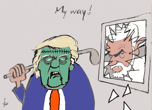 Cartoon: my way (medium) by tiede tagged trump,soleimani,iran,frankenstein,tiede,cartoon,karikatur,trump,soleimani,iran,frankenstein,tiede,cartoon,karikatur