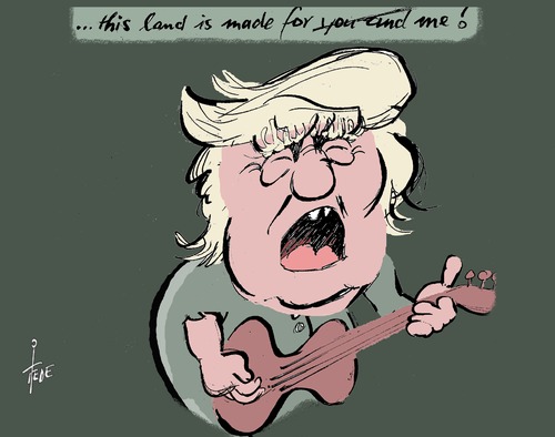 Cartoon: Trump s land (medium) by tiede tagged donald,trump,woody,guthrie,bruce,springsteen,this,land,song,cartoon,karikatur,tiede,tiedemann,donald,trump,woody,guthrie,bruce,springsteen,this,land,song,cartoon,karikatur,tiede,tiedemann