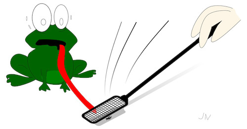 Cartoon: Brutal schnell (medium) by Jochen N tagged frosch,fliege,fliegenklatsche,angst,panik,fressen,insekt,klemme,tod,tot,zielobjekt,brutal,schnell,froschzunge,zunge,beute,erschrecken,erschrocken