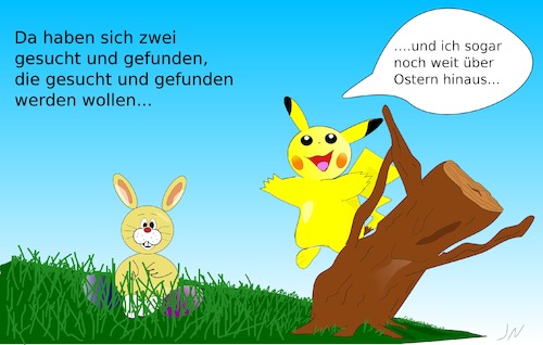Cartoon: Gesucht und gefunden (medium) by Jochen N tagged ostern,ostereier,osterhase,suchen,versteck,pokemon,pikachu,baum,baumstumpf