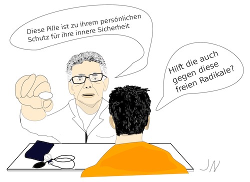 Cartoon: Innere Sicherheit (medium) by Jochen N tagged pille,tablette,persönlich,schutz,arzt,patient,blutdruck,de,maiziere,freie,radikale,terror,anschlag