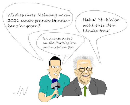 Cartoon: Kretschmann (medium) by Jochen N tagged grüne,bundeskanzler,bundestagswahl,2021,parteispitze,habeck,baerbock,kanzler,ministerpräsident,ländle,reporter,journalist