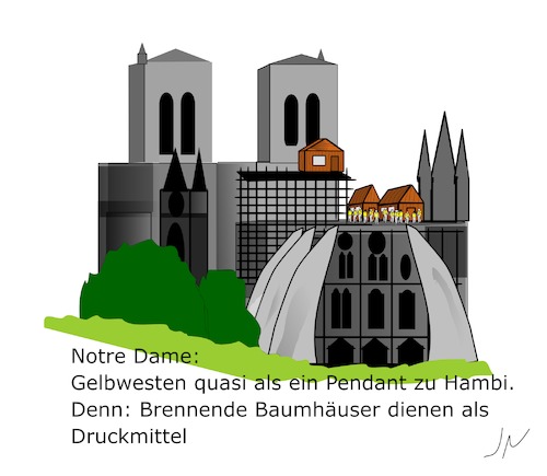 Cartoon: Notre Dame (medium) by Jochen N tagged notre,dame,frankreich,paris,kirche,kathedrale,hambi,hambacher,forst,gelbwesten,macron,europawahl,protest,baumhaus,feuer
