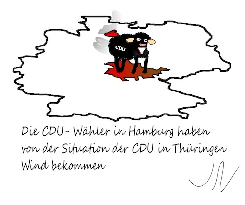 Cartoon: Schwarzes Schaf in Thüringen (medium) by Jochen N tagged spd,bürgerschaft,hamburg,wähler,wahl,cdu,linke,afd,ramelow,ministerpräsident,höcke,gauland,furz,wind
