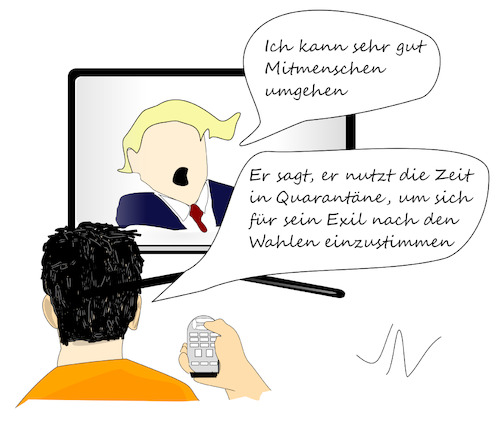 Cartoon: Trump in Quarantäne (medium) by Jochen N tagged präsident,usa,corona,pandemie,covid,19,exil,biden,wahl,wahlkampf,fernseh,fernbedienung,tv,mitmenschen