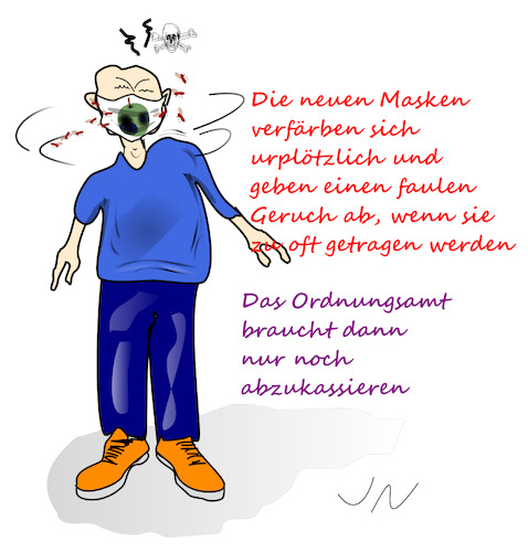 Cartoon: Verbesserte Maske (medium) by Jochen N tagged corona,virus,pandemie,covid,19,lockdown,faul,geruch,fruchtfliegen,kassieren,ärger,ordnungsamt,steuerzahler