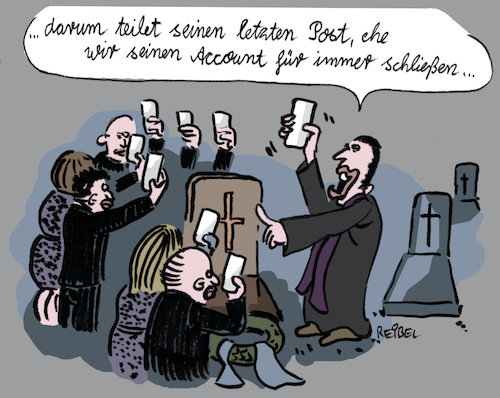 Cartoon: Ausgeloggt (medium) by REIBEL tagged digital,erbe,tot,beerdigung,smartphone,online,konto,account,löschen,recht,digital,erbe,tot,beerdigung,smartphone,online,konto,account,löschen,recht