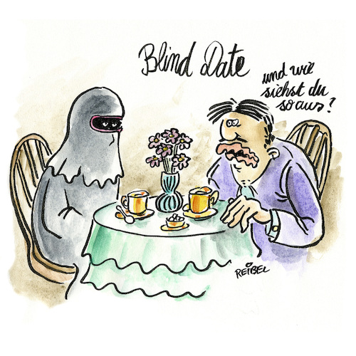 Cartoon: Blind Date (medium) by REIBEL tagged burka,date,blinddate,treffen,singles,smalltalk,burka,date,blinddate,treffen,singles,smalltalk