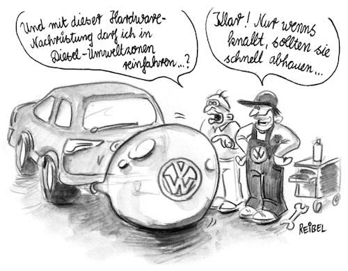 Cartoon: dieselzone (medium) by REIBEL tagged diesel,co2,hardware,nachrüstung,vw,werkstatt,auto,abgas,skandal,diesel,co2,hardware,nachrüstung,vw,werkstatt,auto,abgas,skandal