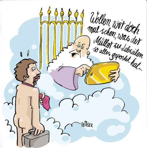 Cartoon: digitales Erbe (medium) by REIBEL tagged post,internet,tod,gott,himmelspforte,petrus,prüfung,nachrichten,digital,gedächtnis,wolken,nackt,koffer,sünden