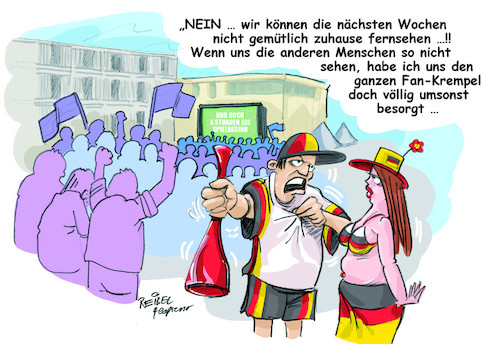 Cartoon: Fanstress (medium) by REIBEL tagged fussball,wm,fan,fanartikel,public,viewing,menschen,feier,trikot,fussball,wm,fan,fanartikel,public,viewing,menschen,feier,trikot