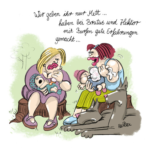 Cartoon: Fütterung (medium) by REIBEL tagged hund,mett,roh,fleisch,futter,baby,nahrung,essen,barfen,tier,hund,mett,roh,fleisch,futter,baby,nahrung,essen,barfen,tier