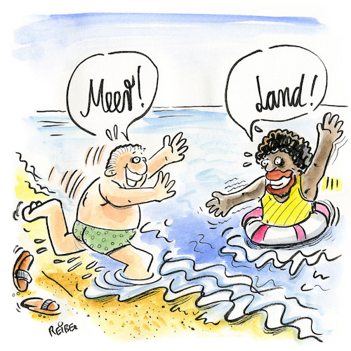 Cartoon: Grenzgebiet (medium) by REIBEL tagged flüchtlinge,flucht,meer,afrika,europa,urlaub,strand,freude,not,rettung,baden,badehose,flüchtlinge,flucht,meer,afrika,europa,urlaub,strand,freude,rettung,not,baden,badehose