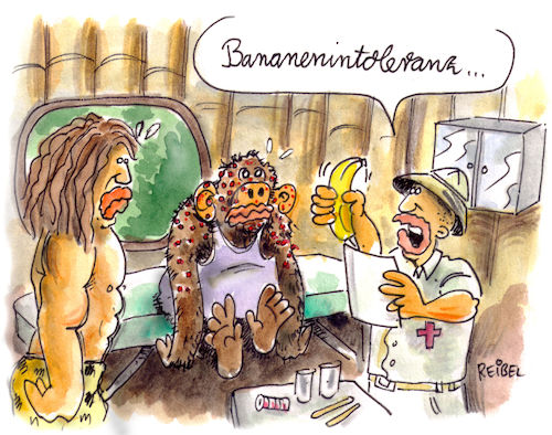 Cartoon: Intoleranz (medium) by REIBEL tagged banane,affe,tarzan,allergie,intoleranz,doktor,dschungel,diagnose,banane,affe,tarzan,allergie,intoleranz,doktor,dschungel,diagnose,ausschlag