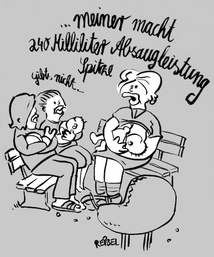 Cartoon: Leistungsvergleich (medium) by REIBEL tagged stillen,brust,baby,mütter,treffen,park,bank,kinderwagen,füttern,absaugen,leistung,wettbewerb