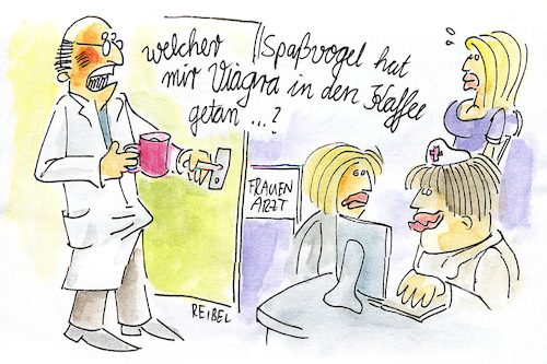Cartoon: Viagra (medium) by REIBEL tagged frauenarzt,erektion,kaffee,wartezimmer,arzt,scherz,frauen