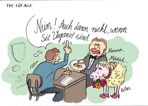 Cartoon: Wolln mer mal (medium) by REIBEL tagged ehe,partnerschaft,freiheit,standesamt,schaf,trauung,ringe,aufgebot,rechtsgleichheit,ehe,partnerschaft,freiheit,standesamt,schaf,trauung,ringe,aufgebot,rechtsgleichheit,vegan,hochzeit,heiraten