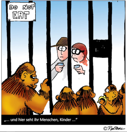 Cartoon: Zoobesuch (medium) by REIBEL tagged zoo,besuch,affen,käfig,nicht,füttern,essen,kinder,erklären