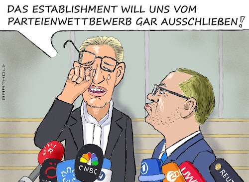 Cartoon: AfD Melodrama (medium) by Barthold tagged afd,klage,oberverwaltungsgericht,münster,gegen,einstufung,rechtsextremer,verdachtsfall,verloren,alice,weidel,tino,chrupalla,pressekonferenz,mai,13,2024,cartoon,karikatur,barthold,afd,klage,oberverwaltungsgericht,münster,gegen,einstufung,rechtsextremer,verdachtsfall,verloren,alice,weidel,tino,chrupalla,pressekonferenz,mai,13,2024,cartoon,karikatur,barthold