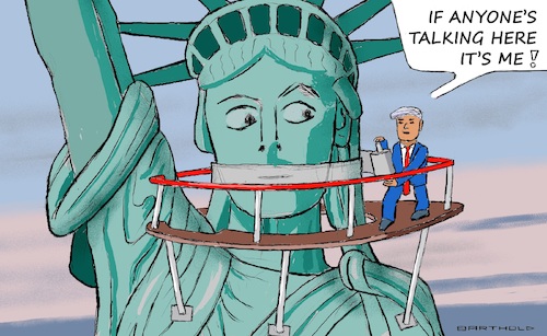 Cartoon: America Doesnt Need a Voice! (medium) by Barthold tagged donald,trump,elon,musk,doge,massive,staff,cuts,voice,of,america,free,europe,asia,radio,liberty,statue,gagging,mouth,bandage,scaffold,cartoon,caricature,barthold,donald,trump,elon,musk,doge,massive,staff,cuts,voice,of,america,free,europe,asia,radio,liberty,statue,gagging,mouth,bandage,scaffold,cartoon,caricature,barthold