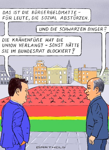 Cartoon: Ampels Werk und Unions Beitrag (medium) by Barthold tagged bürgergeld,bundesrat,ablehnung,originalgesetz,vermittlungsausschuss,kompromiss,streichung,vertrauenszeit,sanktionierung,verkleinerung,schonvermögen,matte,krähenfüße,hubertus,heil,journalist,cartoon,karikatur,barthold,bürgergeld,bundesrat,ablehnung,originalgesetz,vermittlungsausschuss,kompromiss,streichung,vertrauenszeit,sanktionierung,verkleinerung,schonvermögen,matte,krähenfüße,hubertus,heil,journalist,cartoon,karikatur,barthold