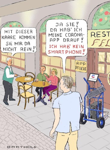 Cartoon: APP-Pflicht (medium) by Barthold tagged corona,warn,app,pflicht,restaurants,nichtdiskriminierungsgesetz,sackkarre,pc,desktop,tastatur,batterie,emulationssoftware,smartphone,zweiklassengesellschaft,informationeller,dinosaurier,karikatur,cartoon,barthold,corona,warn,app,pflicht,restaurants,nichtdiskriminierungsgesetz,sackkarre,pc,desktop,tastatur,batterie,emulationssoftware,smartphone,zweiklassengesellschaft,informationeller,dinosaurier,karikatur,cartoon,barthold