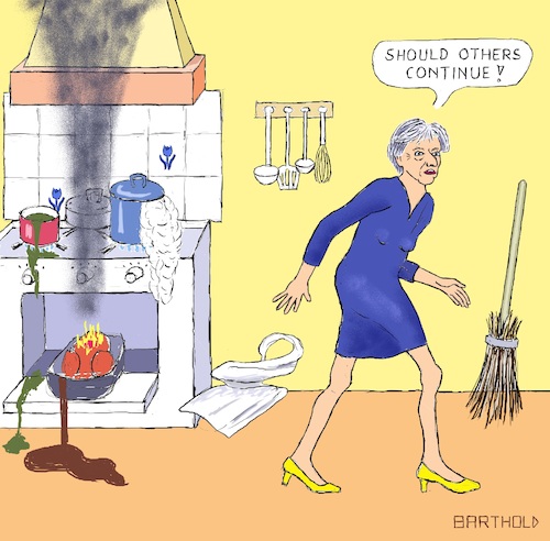 Cartoon: BREXIT Kitchen (medium) by Barthold tagged theresa,may,prime,minister,united,kingdom,announcement,resignation,june,07,kitchen,cooker,burn,smoke,stains,dribble,spill,apron