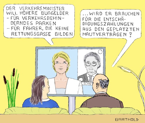 Cartoon: Bußgelderhöhung (medium) by Barthold tagged andreas,scheuer,verkehrsminister,bußgelderhöhung,august,2019,entschädigungszahlung,mautfirmen,mautverträge,mautbetreiber,schadensersatzforderung,verschwendung,steuergeld,fahrlässigkeit,unfähigkeit,schlechte,amtsführung,slomka,fernseher,sofa,eheleute,falschparken,rettungsgasse