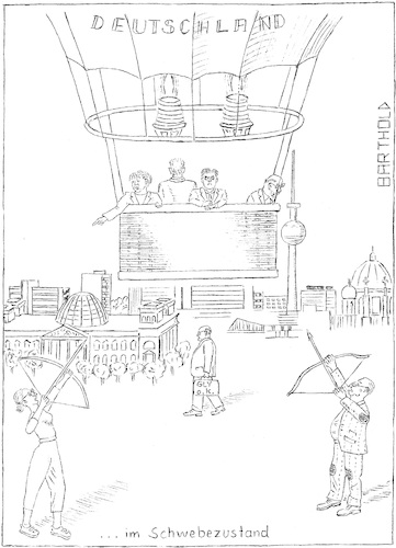 Cartoon: Deutschland im Schwebezustand (medium) by Barthold tagged ballon,heißluftballon,angela,merkel,frank,walter,steinmeier,martin,schulz,alice,weidel,alexander,gauland,christian,schmidt,glyphosat,bogen,bogenschütze,reichstag,fernsehturm,berlin,afd,bundesparteitag,2017