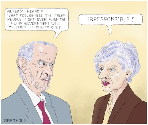 Cartoon: Dialogue May Corbyn (medium) by Barthold tagged brexit,united,kingdom,great,britain,theresa,may,jeremy,corbyn,italy,matteo,salvini,luigi,di,maio,giuseppe,conte,populism,will,people