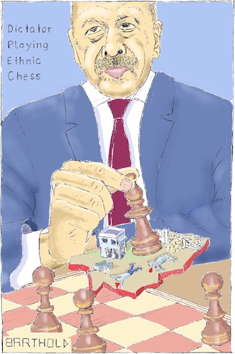 Cartoon: Dictator Playing Ethnic Chess (medium) by Barthold tagged recep,tayyip,erdogan,turkish,army,operation,olive,branch,afrin,efrin,ethnic,cleansing,expulsion,ypg,fsa,syrian,refugees,looting,despoliation,war,crime,kurds,chess,piece,chessboard,slice,destroyed,town