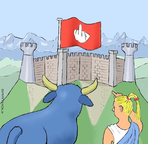 Cartoon: Die Alpenfestung (medium) by Barthold tagged beziehung,schweiz,eu,rahmenabkommen,einseitiger,ausstieg,festung,alpenpanorama,flagge,stinkefinger,mythologie,stier,europa,cartoon,karikatur,barthold,beziehung,schweiz,eu,rahmenabkommen,einseitiger,ausstieg,festung,alpenpanorama,flagge,stinkefinger,mythologie,stier,europa,cartoon,karikatur,barthold