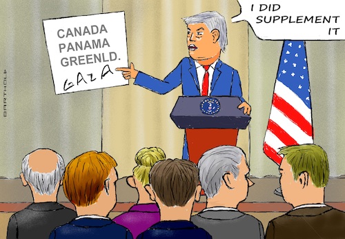 Cartoon: Extended List (medium) by Barthold tagged meeting,trump,netanyahu,washington,february,04,2025,resolution,gaza,strip,will,become,us,territory,annexation,palestinians,expelled,displaced,press,conference,white,house,cartoon,caricature,barthold,meeting,trump,netanyahu,washington,february,04,2025,resolution,gaza,strip,will,become,us,territory,palestinians,expelled,displaced,press,conference,white,house,cartoon,caricature,barthold