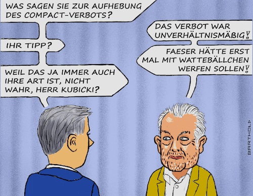 Cartoon: FDP contra eigene Regierung (medium) by Barthold tagged compact,klage,bundesverwaltungsgericht,einstweilige,verfügung,erfolgreich,klatsche,nancy,faeser,kritik,wolfgang,kubicki,fdp,cartoon,karikatur,barthold,compact,klage,bundesverwaltungsgericht,einstweilige,verfügung,erfolgreich,klatsche,nancy,faeser,kritik,wolfgang,kubicki,fdp,cartoon,karikatur,barthold