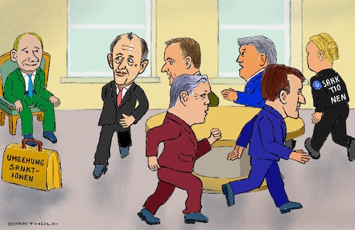 Cartoon: Friedensbemühungen (medium) by Barthold tagged ukraine,ukrainekrieg,friedensinitiative,friedrich,merz,emmanuel,macron,keir,starmer,donald,tusk,abstimmung,trump,dreißig,tage,waffenstillstand,sonst,verschärfte,sanktionen,direktgespräche,istanbul,bemühungen,bewegung,im,kreis,kein,fortschritt,zitat,anspielung,högfeld,familienzirkus,zuschauer,wladimir,putin,cartoon,karikatur,barthold,ukraine,ukrainekrieg,friedensinitiative,friedrich,merz,emmanuel,macron,keir,starmer,donald,tusk,abstimmung,trump,dreißig,tage,waffenstillstand,sonst,verschärfte,sanktionen,direktgespräche,istanbul,bemühungen,bewegung,im,kreis,kein,fortschritt,zitat,anspielung,högfeld,familienzirkus,zuschauer,wladimir,putin,cartoon,karikatur,barthold