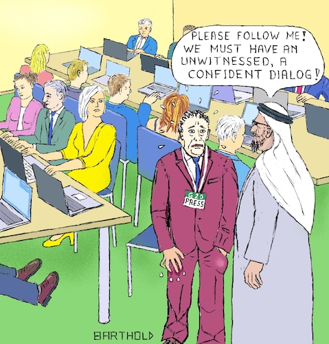 Cartoon: G20-Summit 2020 in Saudi Arabia (medium) by Barthold tagged g20,summit,2020,saudi,arabia,murder,jamal,ahmad,khashoggi,journalist,press,room,safety,physical,integrity,inviolability