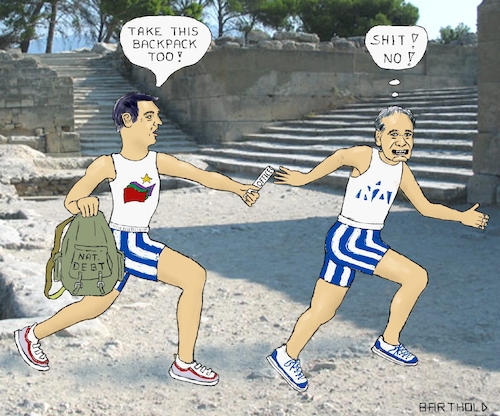 Cartoon: Greek Parliam. Election 2019 (medium) by Barthold tagged greece,parliament,elections,july,2019,syriza,alexis,tsipras,nea,dimokratia,kyriakos,mitsotakis,relay,race,baton,backpack,rucksack,pass,antique,site,national,debt,burden,office,function,prime,minister
