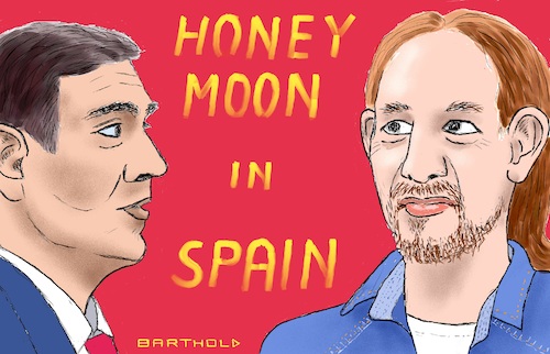 Cartoon: Honeymoon in Spain (medium) by Barthold tagged parliament,elections,spain,october,2019,letter,intent,coalition,psoe,pedro,sanchez,up,podemos,pablo,iglesias